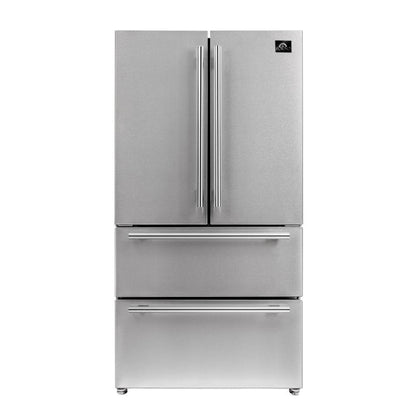 Forno 4-Piece Pro Appliance Package - 36-Inch Dual Fuel Range, Refrigerator, 24-Inch Microwave Drawer, & 3-Rack Dishwasher in Stainless Steel - AP4-6187-36-MWD