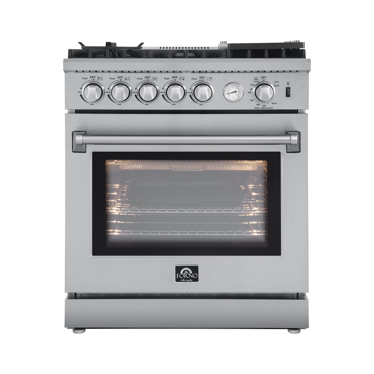 Forno 5-Piece Appliance Package - 30-Inch Gas Range with Air Fryer, Refrigerator with Water Dispenser, Wall Mount Hood, 24-Inch Microwave Drawer, & 3-Rack Dishwasher in Stainless Steel - APW5-6276-30-H-MWD