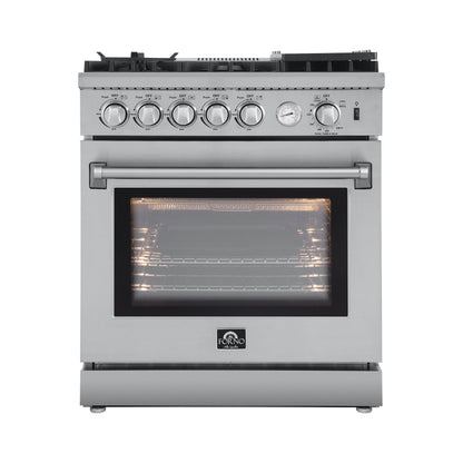 Forno 5-Piece Appliance Package - 30-Inch Gas Range with Air Fryer, Refrigerator, Wall Mount Hood, 24-Inch Microwave Oven, & 3-Rack Dishwasher in Stainless Steel - APR5-6276-30-H-MWO