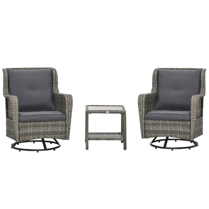 Outsunny 3 Pieces Patio Bistro Set with Glass Coffee Table and Swivel Porch Chairs, Gray - 863-113V00GG