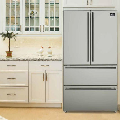 Forno 5-Piece Appliance Package - 48-Inch Dual Fuel Range, Refrigerator, Wall Mount Hood with Backsplash, 24-Inch Microwave Drawer, & 3-Rack Dishwasher in Stainless Steel - AP5-6156-48-MWD