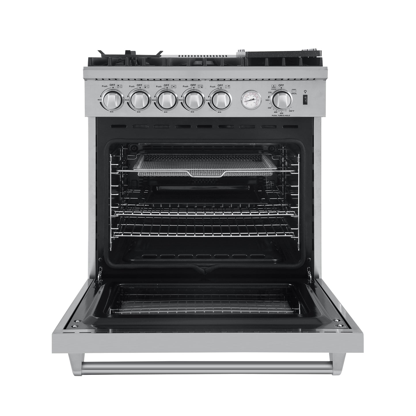 Forno 4-Piece Appliance Package - 30-Inch Gas Range with Air Fryer, Refrigerator, Wall Mount Hood, & 3-Rack Dishwasher in Stainless Steel - APR4-6276-30-H