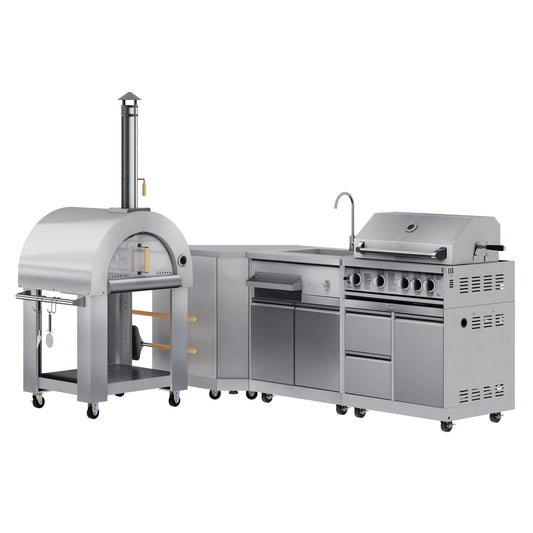 KOOLMORE KoolMore Outdoor Kitchen Series Modular Kitchen with a Wood Fire Pizza Oven, Corner Cabinet, Sink, 30 in. BBQ Grill and Cabinet in Stainless-Steel  - KMOKSKITCONFIG104