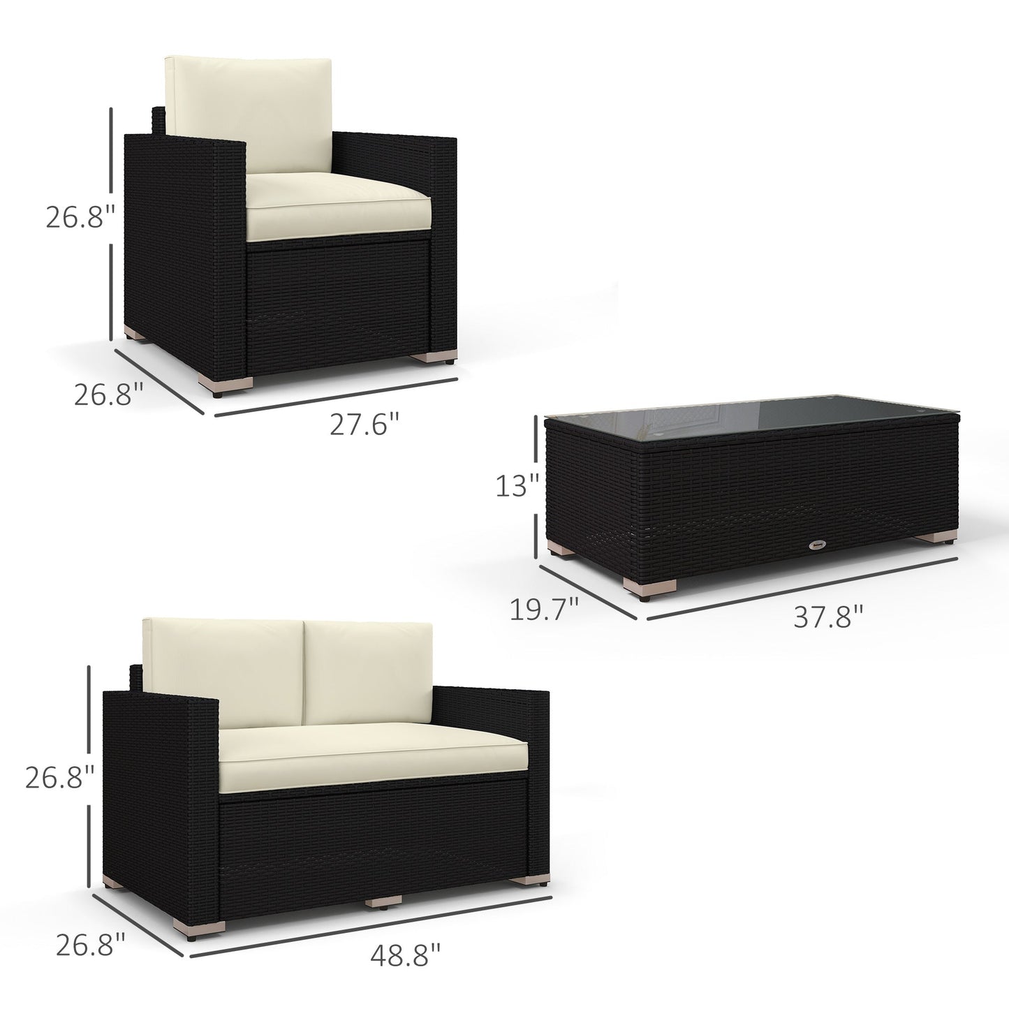 Outsunny 4-Piece Rattan Patio Sofa Set with Loveseat & Glass Coffee Table, Cream - 841-086V02CW