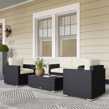 Outsunny 4-Piece Rattan Patio Sofa Set with Loveseat & Glass Coffee Table, Cream - 841-086V02CW