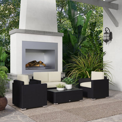 Outsunny 4-Piece Rattan Patio Sofa Set with Loveseat & Glass Coffee Table, Cream - 841-086V02CW