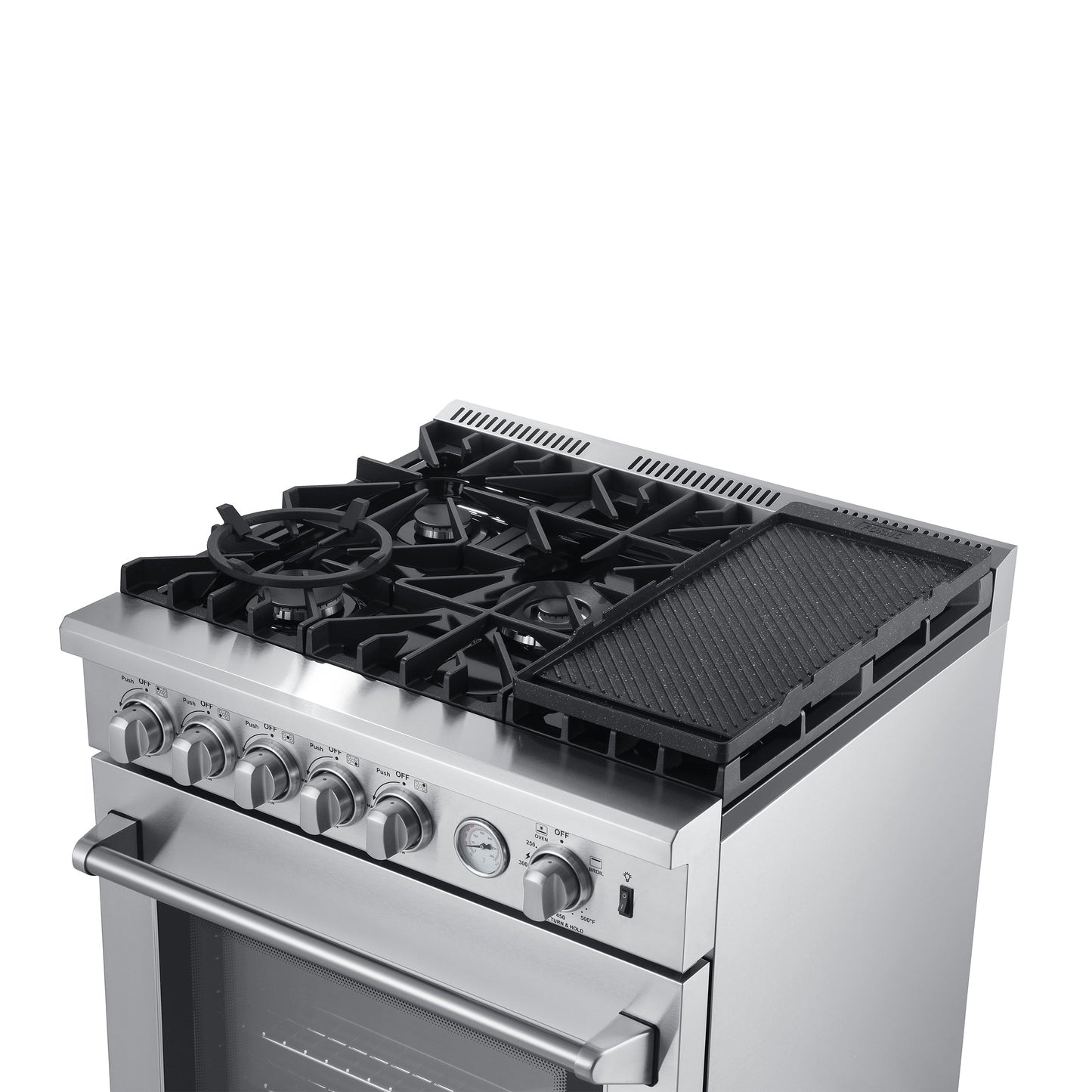 Forno 4-Piece Appliance Package - 30-Inch Gas Range with Air Fryer, Refrigerator with Water Dispenser, Wall Mount Hood, & 3-Rack Dishwasher in Stainless Steel - APW4-6276-30-H
