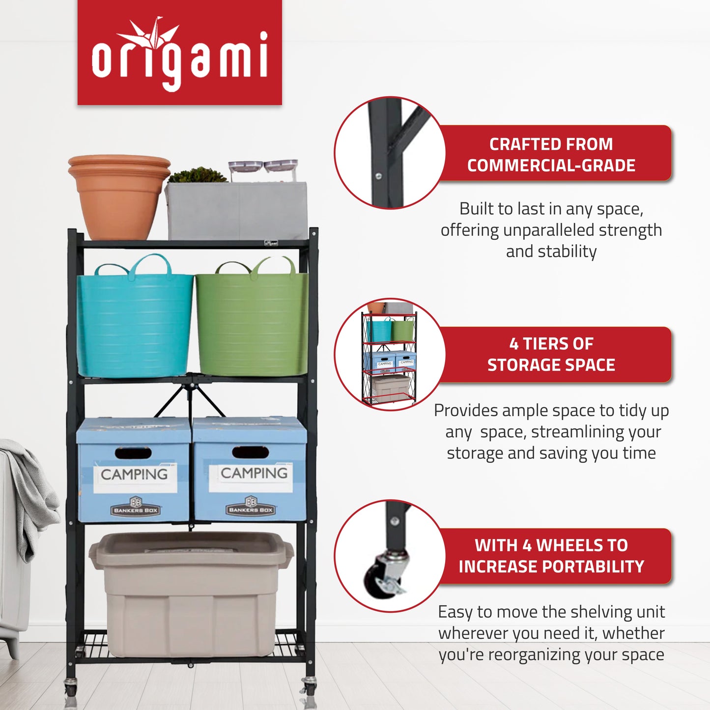 Origami 4 Pack 4 Tier Folding Garage Shelves Heavy Duty Shelving with Wheels - 415228