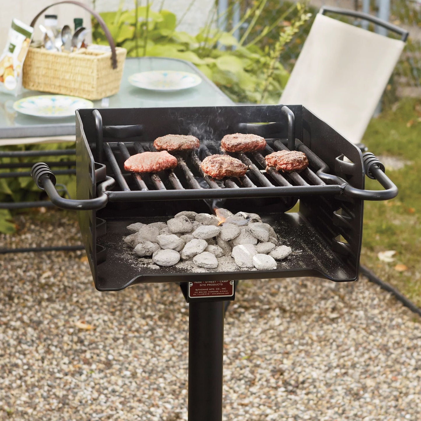 Pilot Rock Park Style Steel Outdoor BBQ Charcoal Grill and Post, Black (3 Pack) - 404010