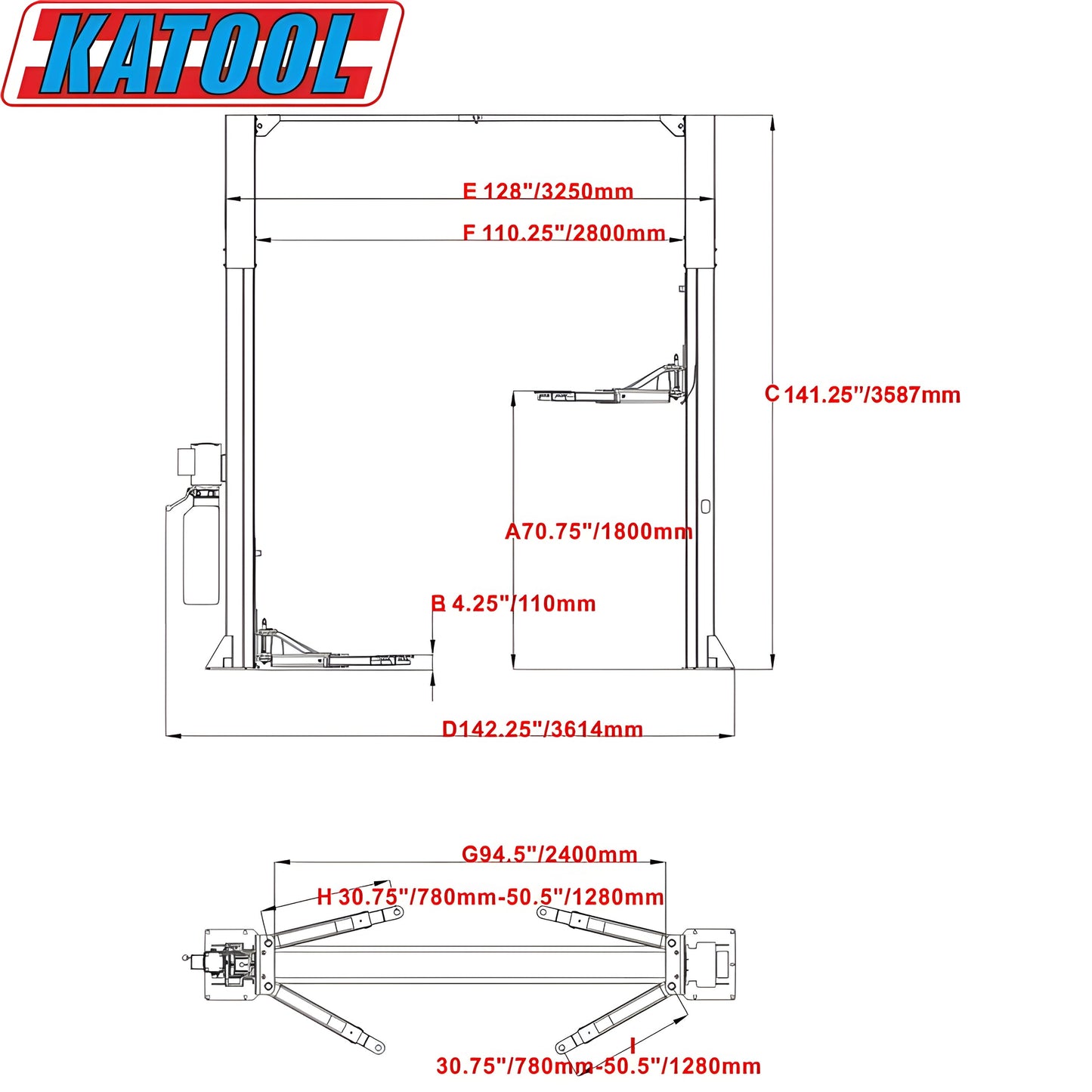 Katool Two Post Clear-floor Vehicle Lift 11,000lbs M110 - KT-M110