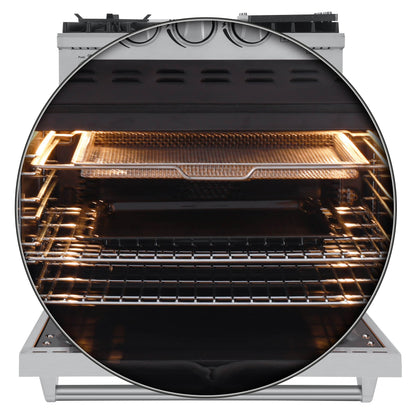 Forno 5-Piece Appliance Package - 30-Inch Gas Range with Air Fryer, Refrigerator, Wall Mount Hood, 24-Inch Microwave Oven, & 3-Rack Dishwasher in Stainless Steel - APR5-6276-30-H-MWO
