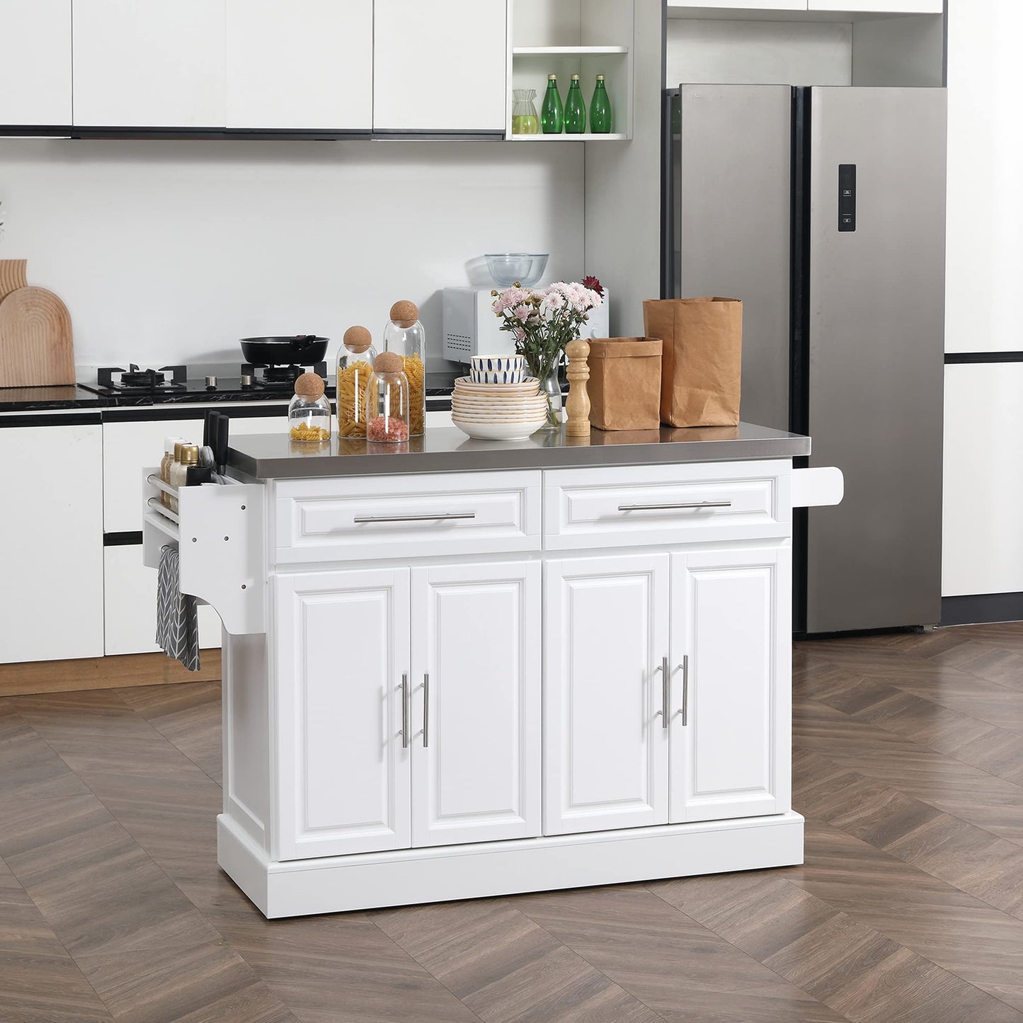 HomCom Rolling Kitchen Island with Storage, Portable Kitchen Cart with Stainless Steel Top - B072NZ5T92