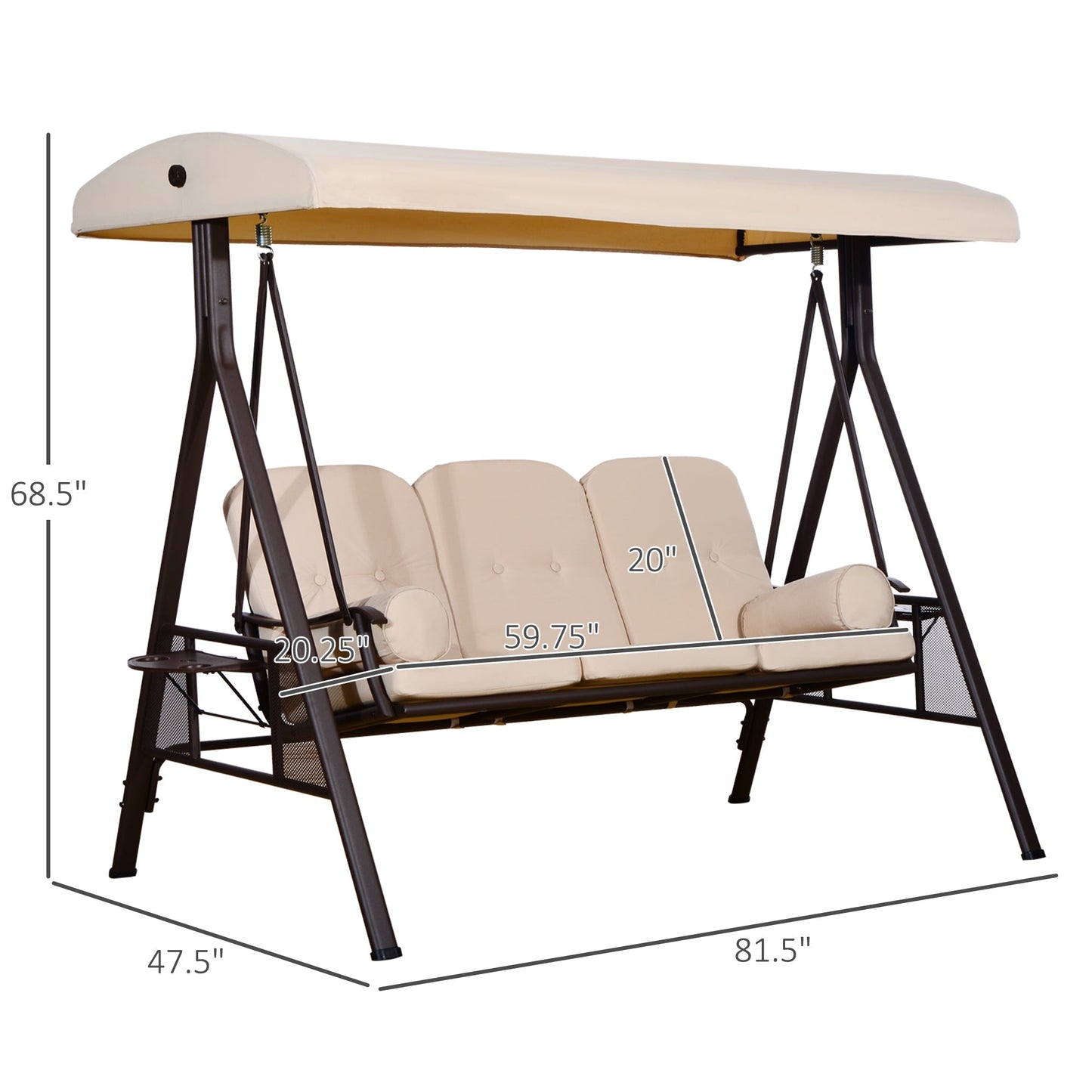 Outsunny 3-Seat Patio Swing Chair with Adjustable Canopy, Removable Cushion & Pillows, Beige -84A-068