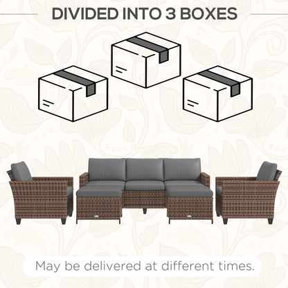Outsunny 5-Piece PE Rattan Patio Set with 3-Seater Sofa, Armchairs, Footstools & Cushions, Mixed Brown - 860-311V00MB