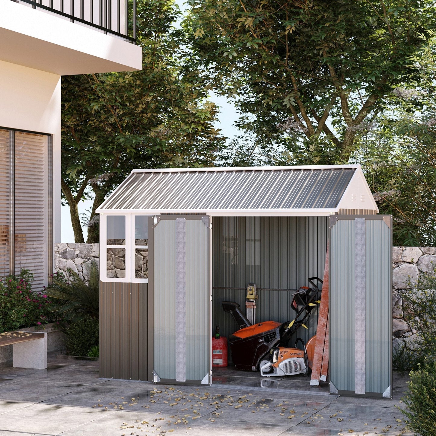 Outsunny 8' x 5.5' Extra Large Garden Shed, Tool Storage with Window, Metal Sloped Roof, Gray - 845-331V01GY