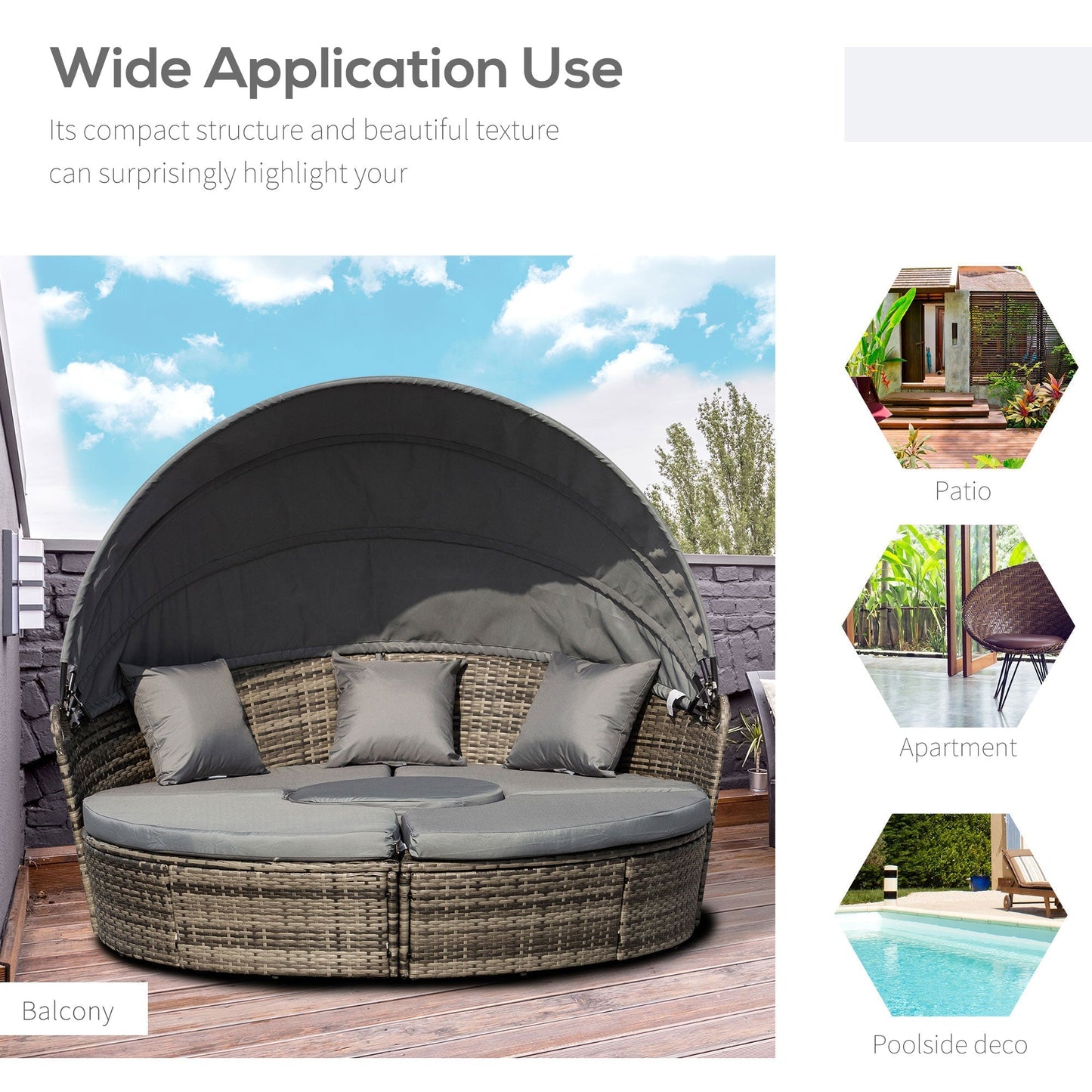 Outsunny 4-Piece Round Convertible Daybed with Adjustable Canopy, Sectional Sofa, 2 Chairs, Table, Gray - 862-021V01GY