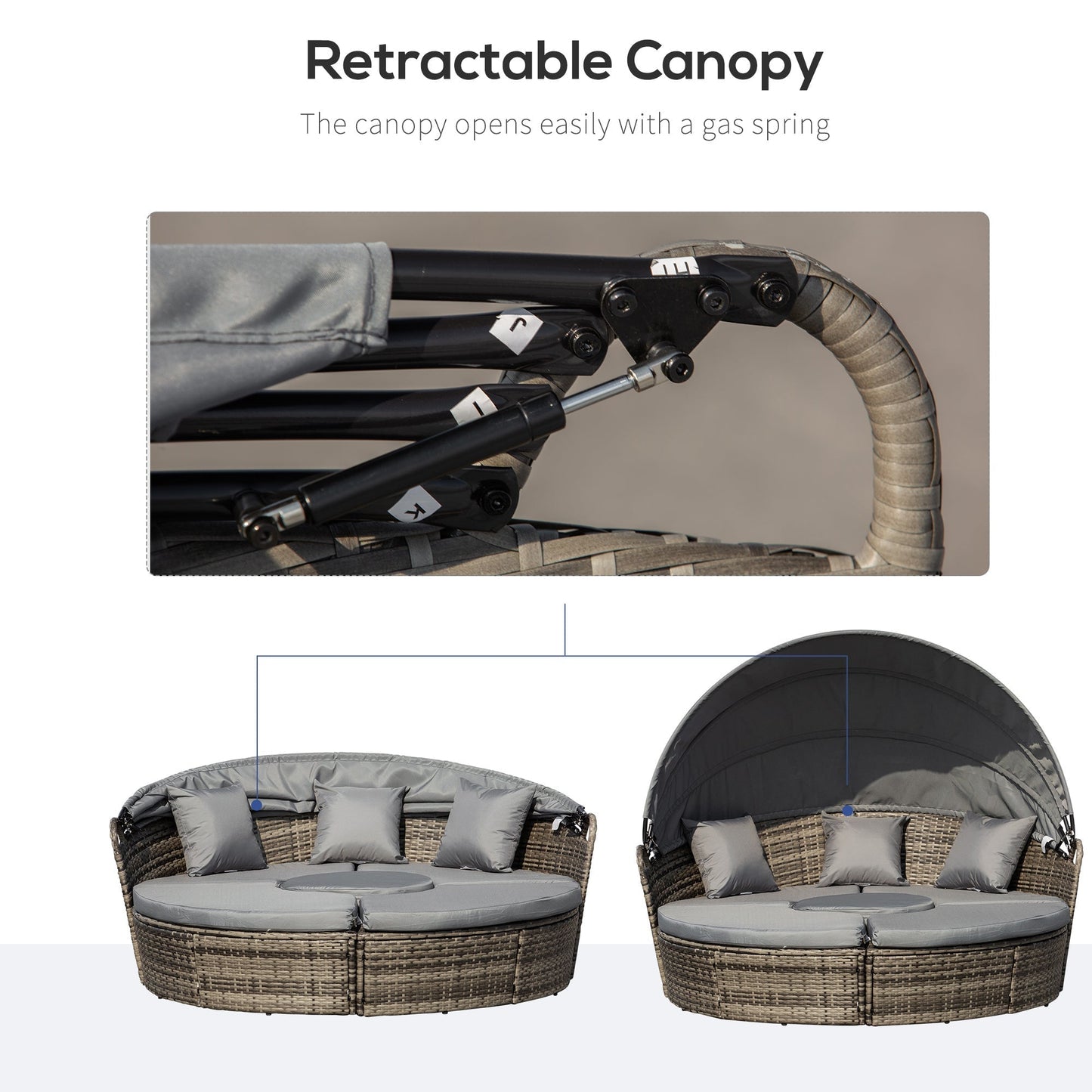 Outsunny 4-Piece Round Convertible Daybed with Adjustable Canopy, Sectional Sofa, 2 Chairs, Table, Gray - 862-021V01GY