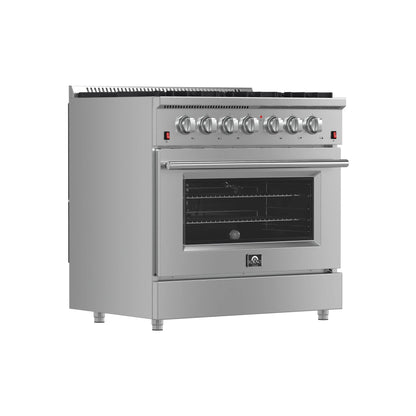 Forno 5-Piece Appliance Package - 36-Inch Gas Range, Wall Mount Range Hood, 36-Inch Refrigerator, Dishwasher, and 30-Inch Microwave Drawer in Stainless Steel - AP5-6244-36-5095-30MD