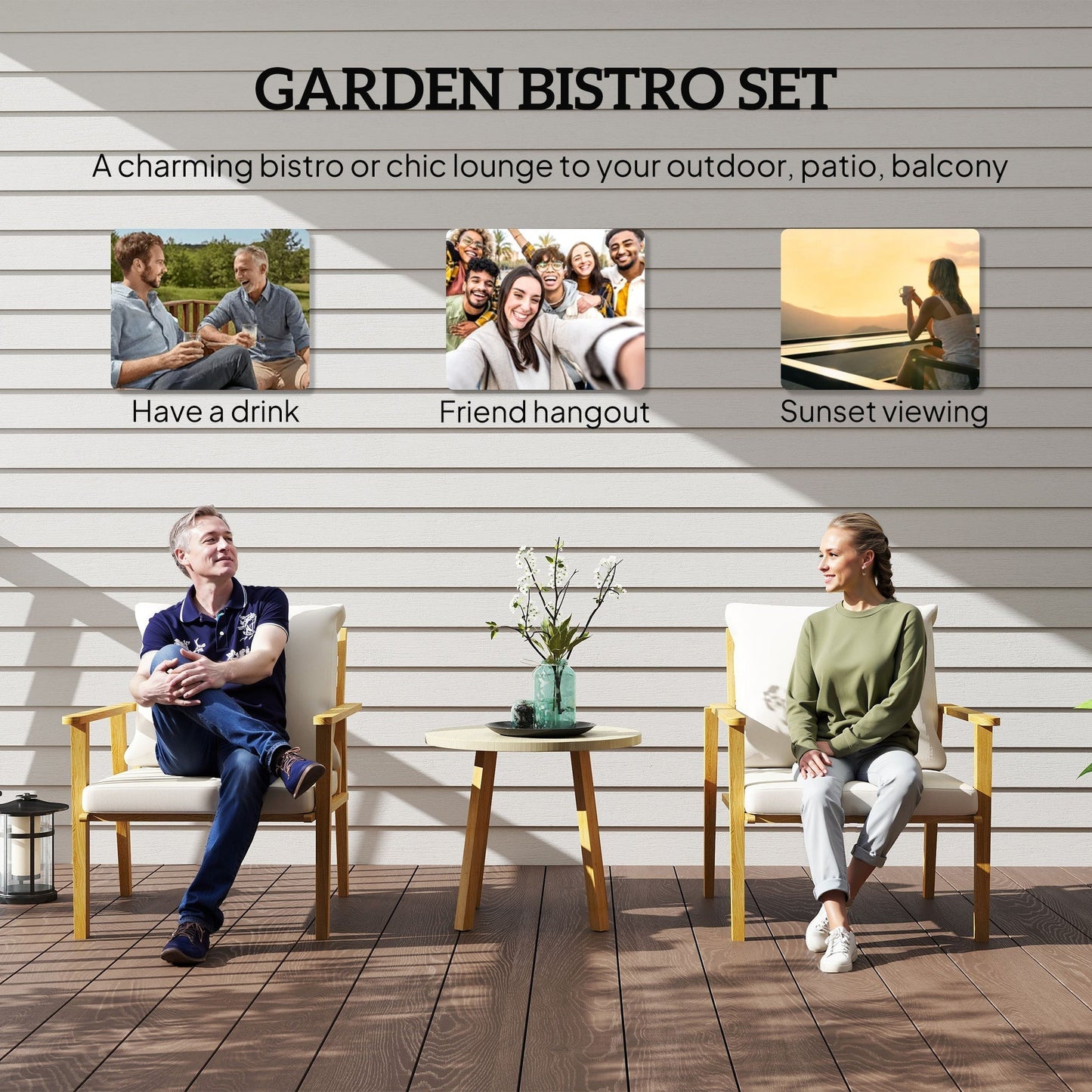 Outsunny Outdoor Conversation Set, 3-Piece Wood-Look Table & Chairs, Deep Seat with Cushions, Cream White - 84G-613V00CW