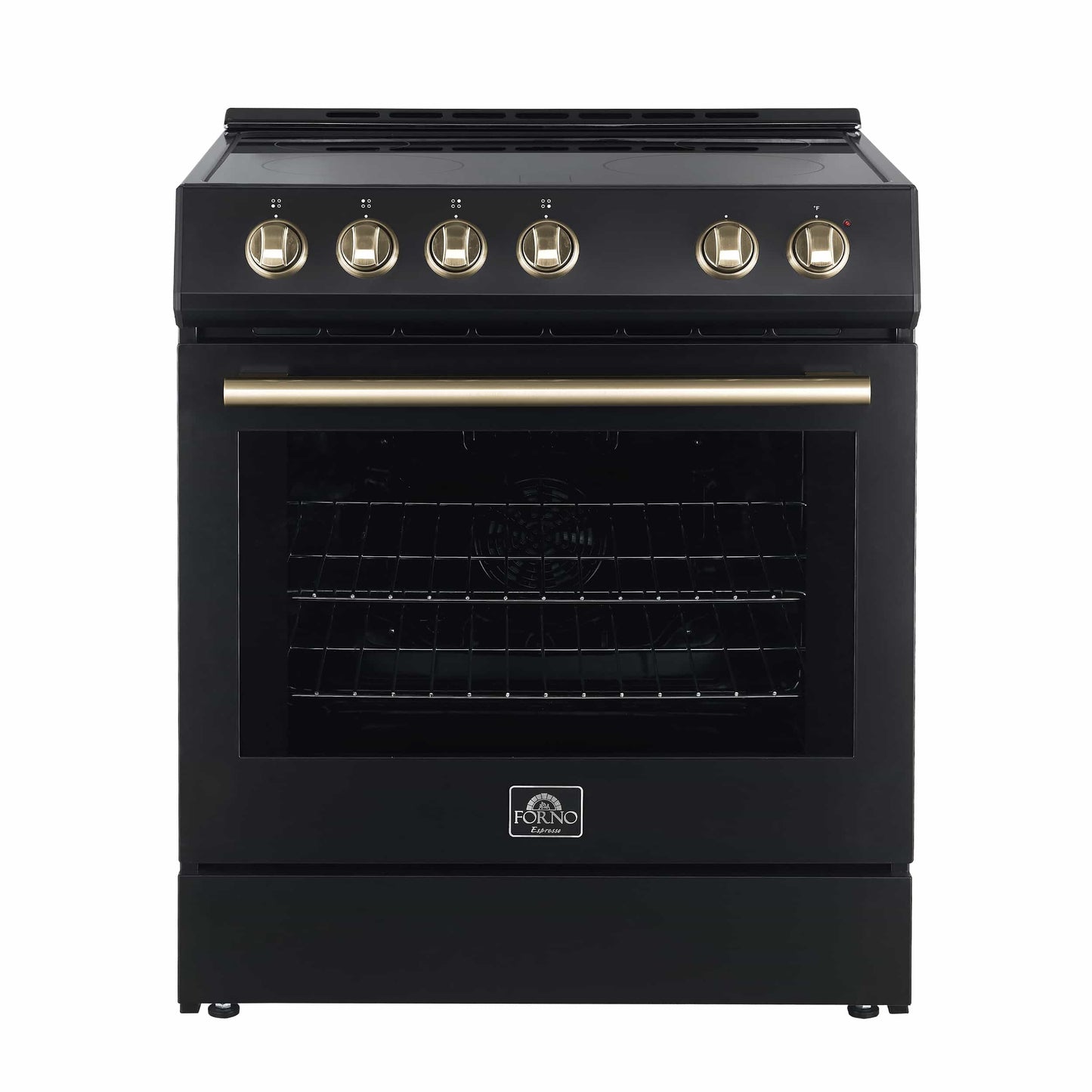 Forno 5-Piece Appliance Package - 30-Inch Electric Range, Under Cabinet Range Hood, Refrigerator with Water Dispenser, Dishwasher, and  Microwave Drawer in Black with Stainless Steel Trim - APW5-6012-30BLK