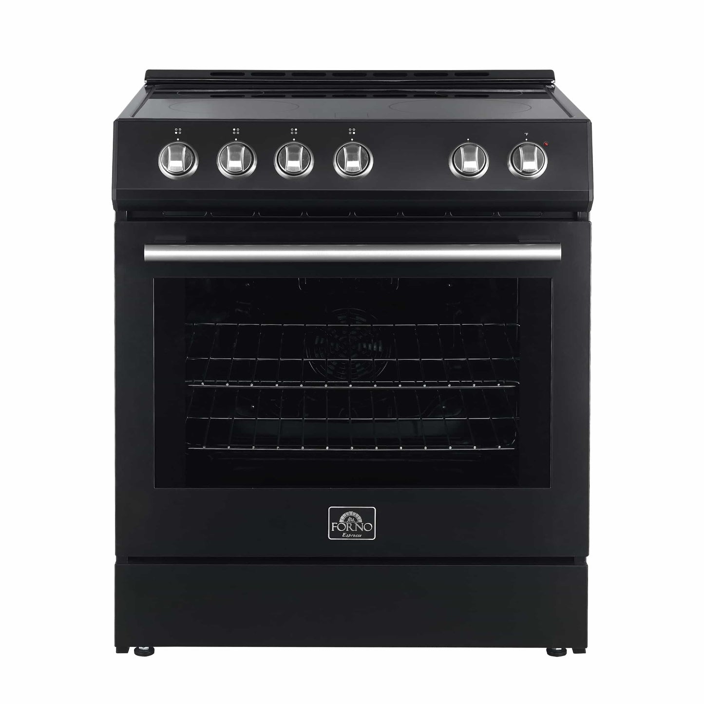 Forno 5-Piece Appliance Package - 30-Inch Electric Range, Under Cabinet Range Hood, Refrigerator with Water Dispenser, Dishwasher, and  Microwave Drawer in Black with Antique Brass Trim - APW5-6012-30BLK