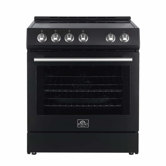 Forno 5-Piece Appliance Package - 30-Inch Electric Range, Under Cabinet Range Hood, French Door Refrigerator, Dishwasher, & 24-Inch Microwave Drawer in Black with Stainless Steel Trim - APR5-6012-30BLK