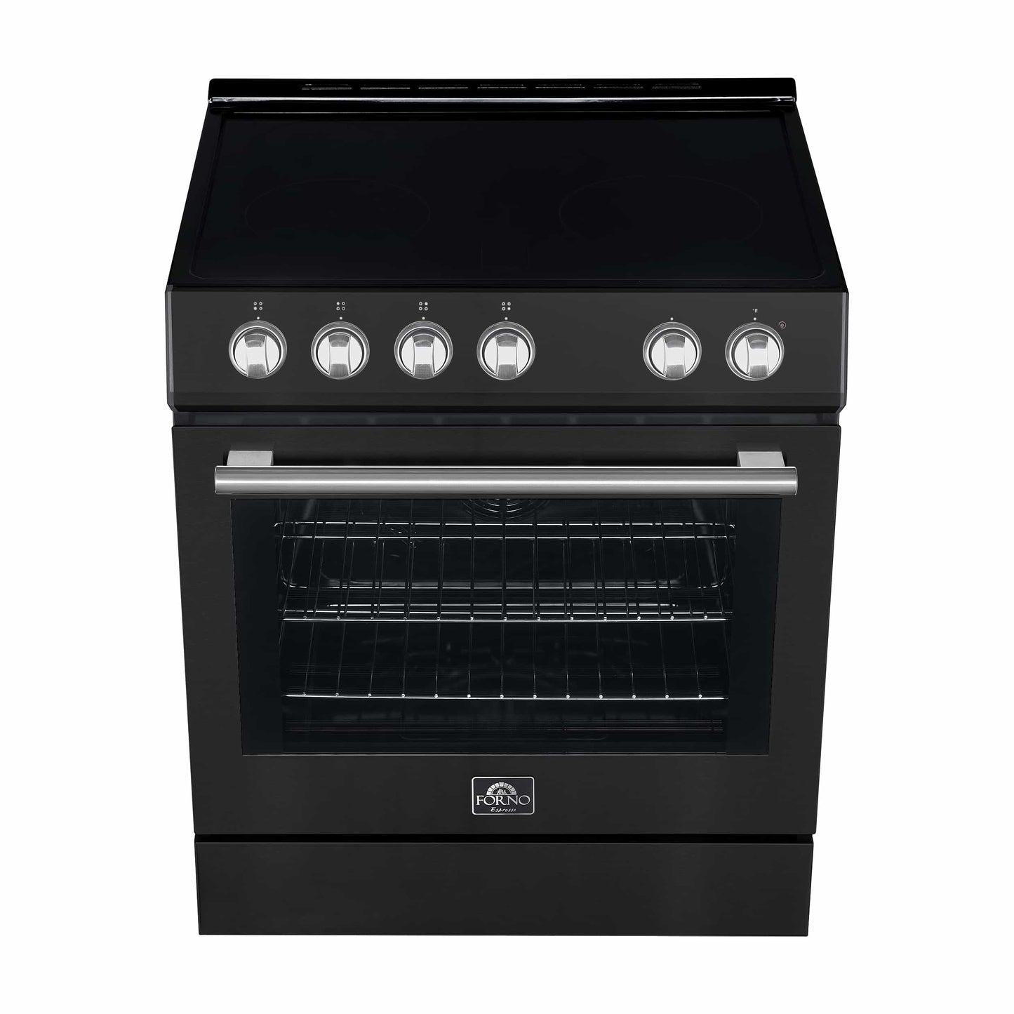 Forno 5-Piece Appliance Package - 30-Inch Electric Range, Under Cabinet Range Hood, Refrigerator, Dishwasher, and 24-Inch Microwave Oven in Black with Stainless Steel Trim - APR5-6012-30BLK-MWO24