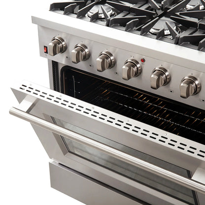 Forno 5-Piece Appliance Package - 36-Inch Gas Range, Wall Mount Range Hood, 60-Inch Refrigerator, Dishwasher, and 30-Inch Microwave Drawer in Stainless Steel - AP5-6244-36-5095-60S-30MD