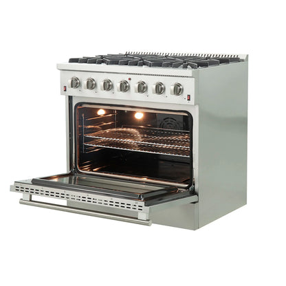 Forno 5-Piece Appliance Package - 36-Inch Gas Range, Wall Mount Range Hood, 60-Inch Refrigerator, Dishwasher, and 30-Inch Microwave Oven in Stainless Steel - AP5-6244-36-5095-60S-30MO