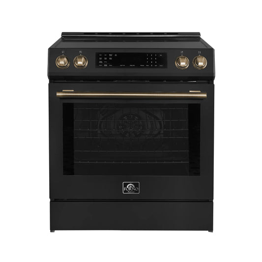 Forno 5-Piece Appliance Package - 30-Inch Induction Range, Under Cabinet Range Hood, Refrigerator with Water Dispenser, Dishwasher, and  Microwave Drawer in Black with Antique Brass Trim - APW5-905-30BLK
