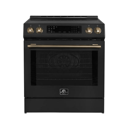 Forno 5-Piece Appliance Package - 30-Inch Induction Range, Under Cabinet Range Hood, Refrigerator with Water Dispenser, Dishwasher, and 30-Inch Microwave Oven in Black with Antique Brass Trim - APW5-905-30BLK-MWO30