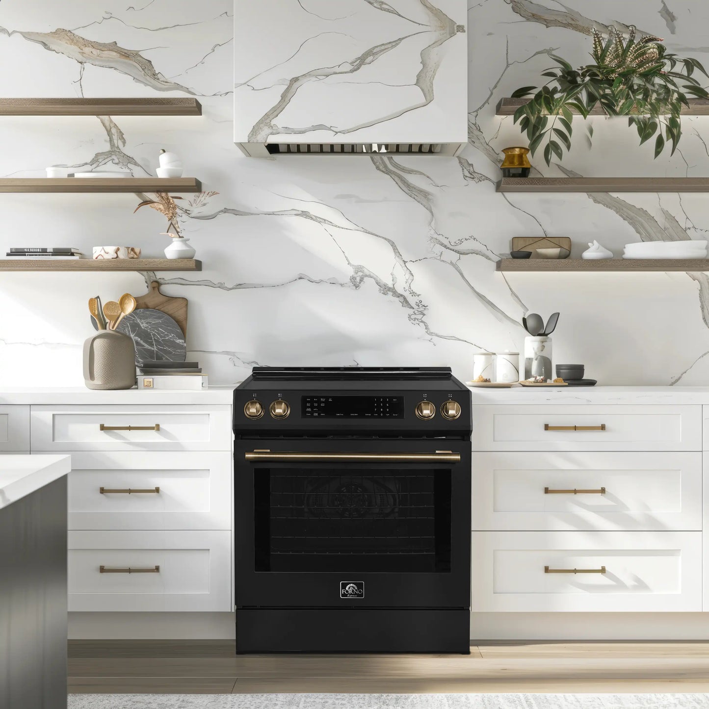 Forno 5-Piece Appliance Package - 30-Inch Induction Range, Under Cabinet Range Hood, Refrigerator with Water Dispenser, Dishwasher, and 30-Inch Microwave Drawer in Black with Antique Brass Trim - APW5-905-30BLK-MWD30