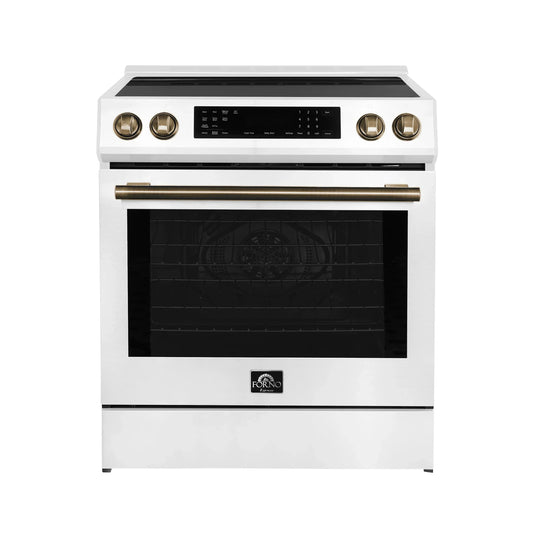 Forno 5-Piece Appliance Package - 30-Inch Induction Range, Under Cabinet Range Hood, Refrigerator with Water Dispenser, Dishwasher, and 30-Inch Microwave Oven in White with Antique Brass Trim - APW5-905-30WHT-MWO30