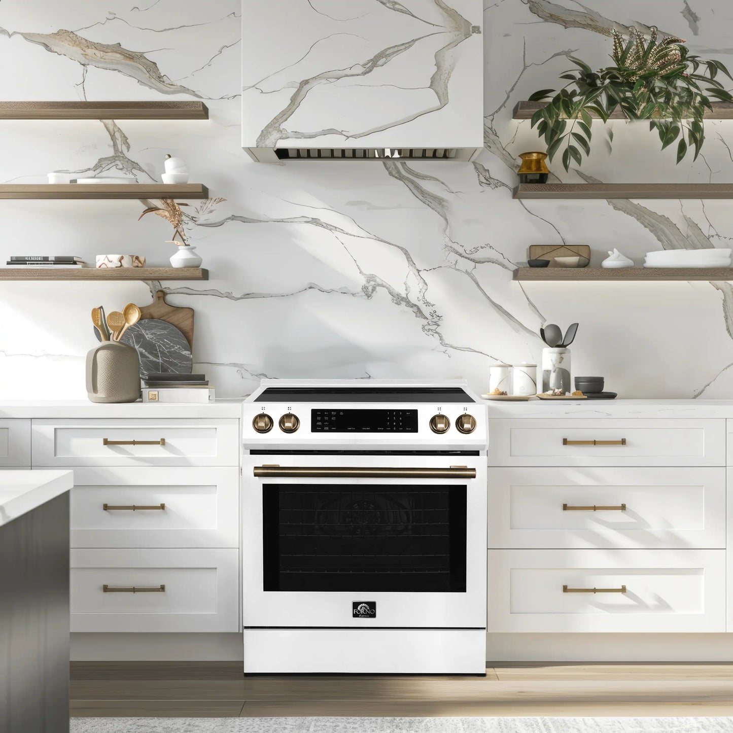Forno 5-Piece Appliance Package - 30-Inch Inducton Range, Under Cabinet Range Hood, Refrigerator, Dishwasher, and  24-Inch Microwave Oven in White with Stainless Steel Trim - APR5-905-30WHT-MWO24