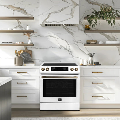 Forno 5-Piece Appliance Package - 30-Inch Inducton Range, Under Cabinet Range Hood, Refrigerator, Dishwasher, and  24-Inch Microwave Oven in White with Stainless Steel Trim - APR5-905-30WHT-MWO24