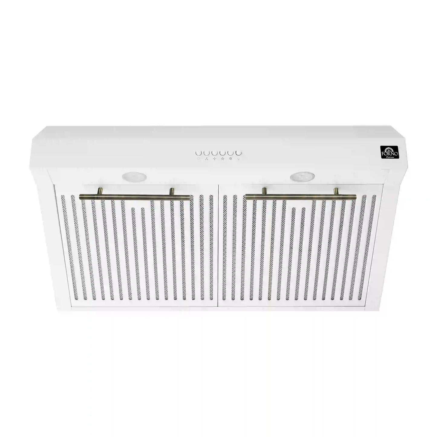 Forno 5-Piece Appliance Package - 30-Inch Induction Range, Under Cabinet Range Hood, Refrigerator with Water Dispenser, Dishwasher, and 30-Inch Microwave Drawer in White with Antique Brass Trim - APW5-905-30WHT-MWD30