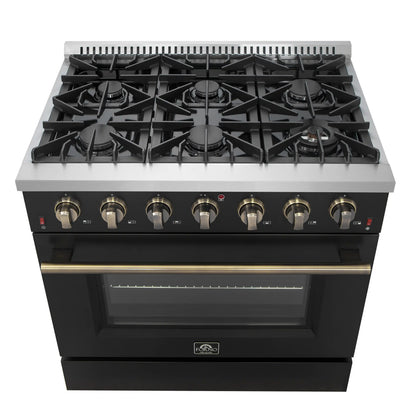 Forno Galiano 4-Piece Appliance Package - 36-Inch Gas Range, 36-Inch Hood, 36-Inch Refrigerator, & 24-Inch Dishwasher in Black with Antique Brass Trim - AP4-6244-36BLK