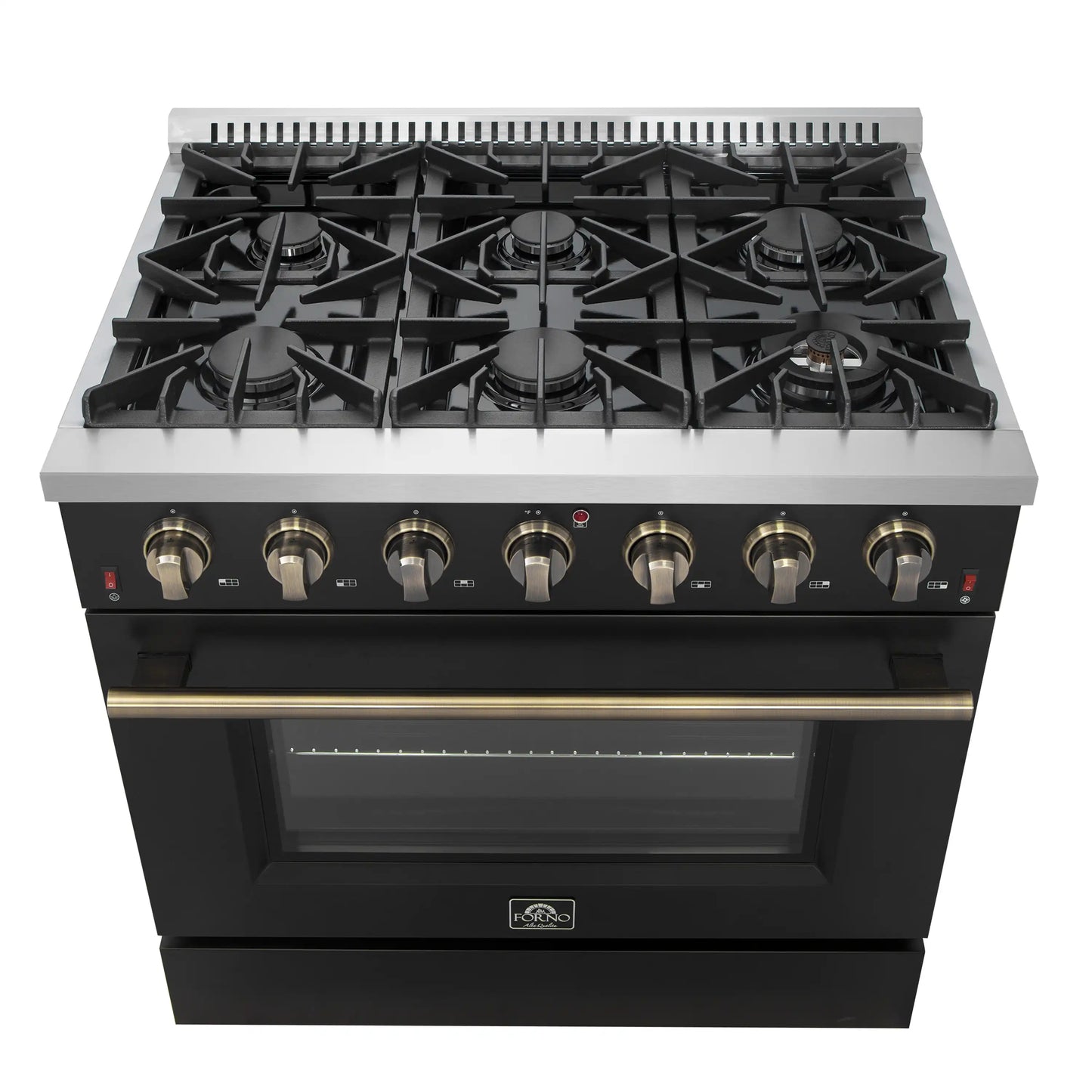 Forno 4-Piece Appliance Package - 36-Inch Gasl Fuel Range, Wall Mount Range Hood, 60-Inch Built-In Convertible Refrigerator, and Dishwasher in Black with Antique Brass Handle - AP4-6244-36BLK-5095-60MG