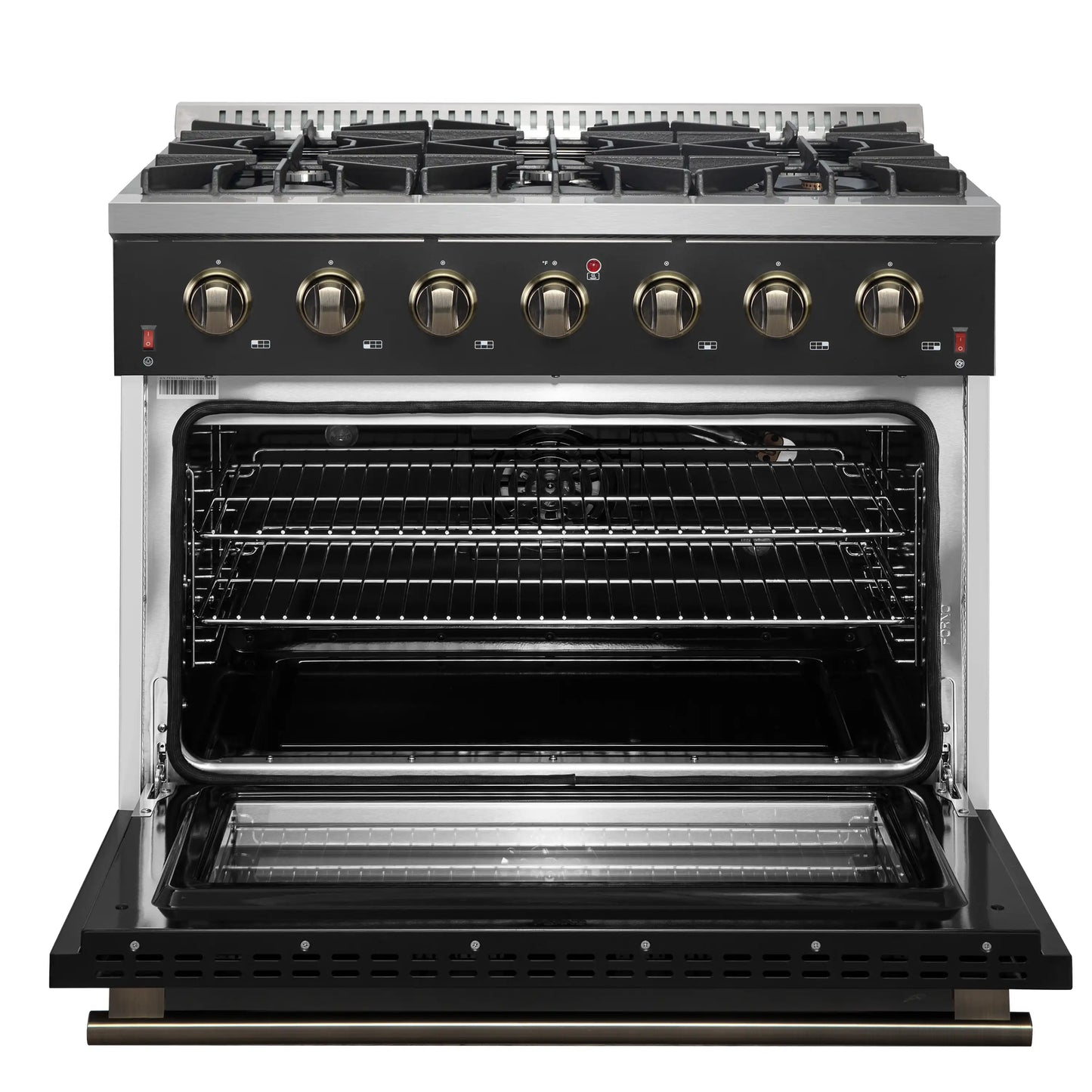 Forno 5-Piece Appliance Package - 36-Inch Gas Range, Wall Mount Range Hood, 60-Inch Convertible Refrigerator with Modern Trim, Dishwasher, and 24-Inch Microwave Drawer in Black with Antique Brass Handle - AP5-6244-36BLK-MWD24-60MG