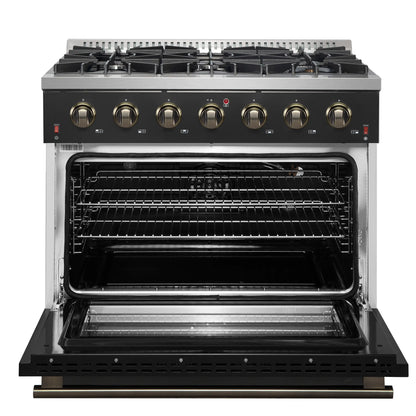 Forno 3-Piece Appliance Package - 36-Inch Gas Range, 60-Inch Convertible Refrigerator with Modern Trim, and Dishwasher in Black with Antique Brass Handle - AP3-6244-36BLK-60MG