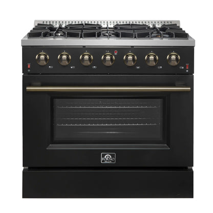 Forno Galiano 5-Piece Appliance Package - 36-Inch Gas Range, 36-Inch Hood, 36-Inch Refrigerator, 24-Inch Dishwasher, & 24-Inch Microwave Drawer in Black with Antique Brass Trim - AP5-6244-36BLK-MWD24