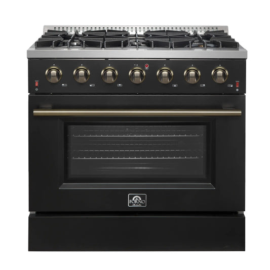 Forno 5-Piece Appliance Package - 36-Inch Gas Range, Wall Mount Range Hood, 60-Inch Convertible Refrigerator with Modern Trim, Dishwasher, and 24-Inch Microwave Oven in Black with Antique Brass Handle - AP5-6244-36BLK-MWO24-60MG
