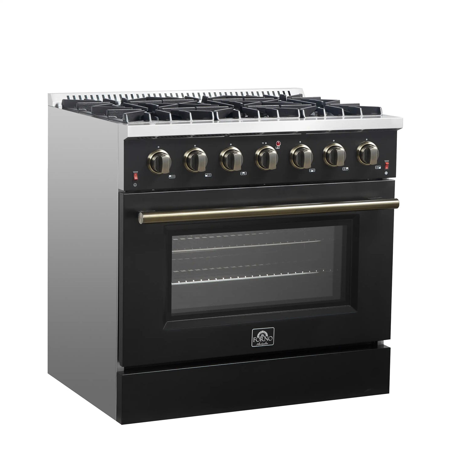 Forno 5-Piece Appliance Package - 36-Inch Gas Range, Wall Mount Range Hood, 60-Inch Convertible Refrigerator with Modern Trim, Dishwasher, and 24-Inch Microwave Drawer in Black with Antique Brass Handle - AP5-6244-36BLK-MWD24-60MG