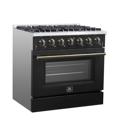 Forno 5-Piece Appliance Package - 36-Inch Gas Range, Wall Mount Range Hood, 60-Inch Refrigerator, Dishwasher, and 24-Inch Microwave Drawer in Black with Antique Brass Handle - AP5-6244-36BLK-5095-60MG-MD24