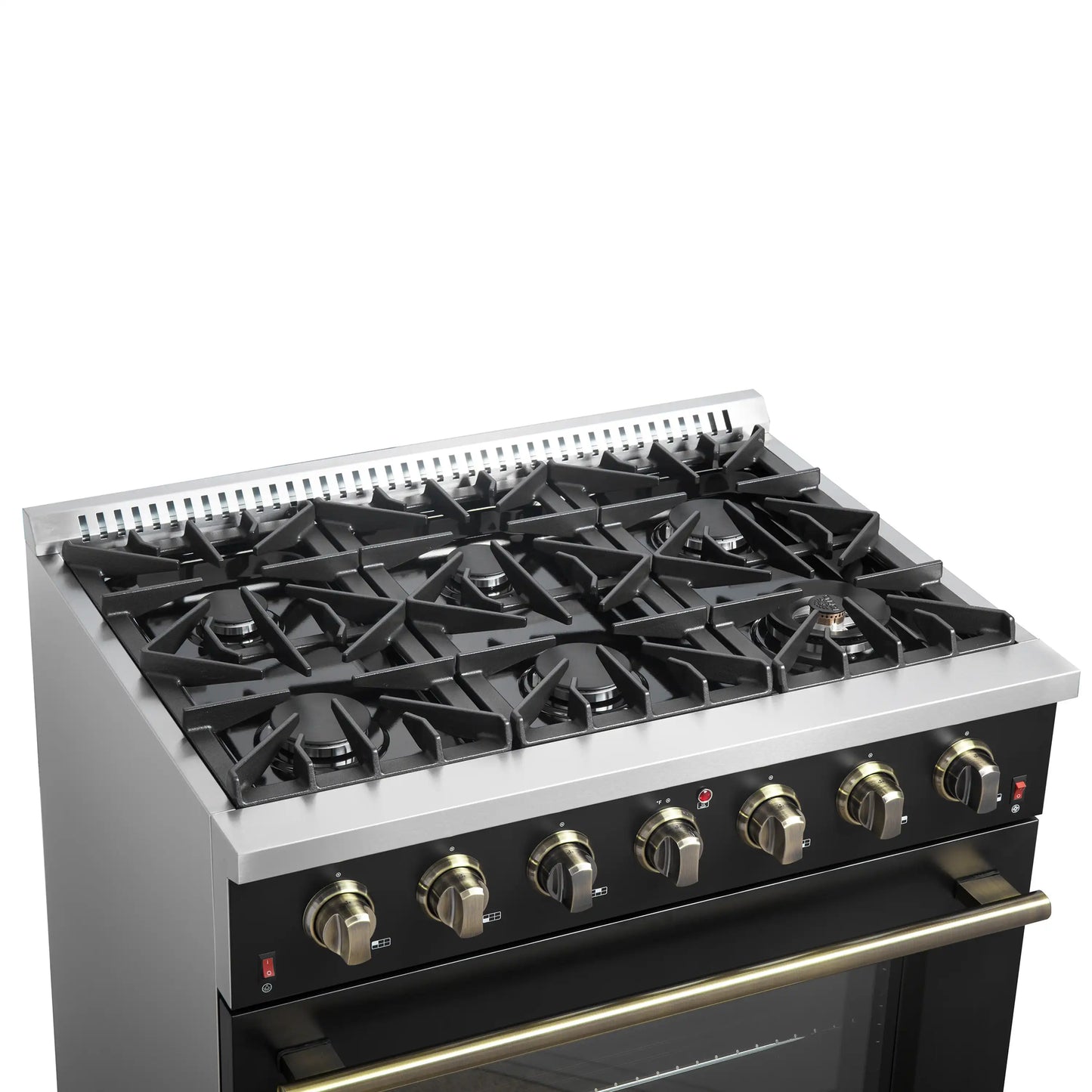 Forno 4-Piece Appliance Package - 36-Inch Gas Range, 60-Inch Convertible Refrigerator with Modern Trim, Dishwasher, and 30-Inch Microwave Drawer in Black with Antique Brass Handle - AP4-6244-36BLK-MWD30-60MG