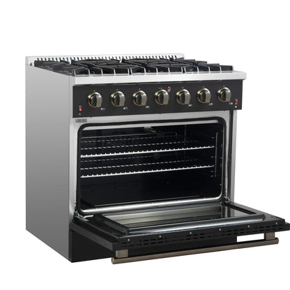 Forno 3-Piece Appliance Package - 36-Inch Gas Range, 60-Inch Convertible Refrigerator with Modern Trim, and Dishwasher in Black with Antique Brass Handle - AP3-6244-36BLK-60MG