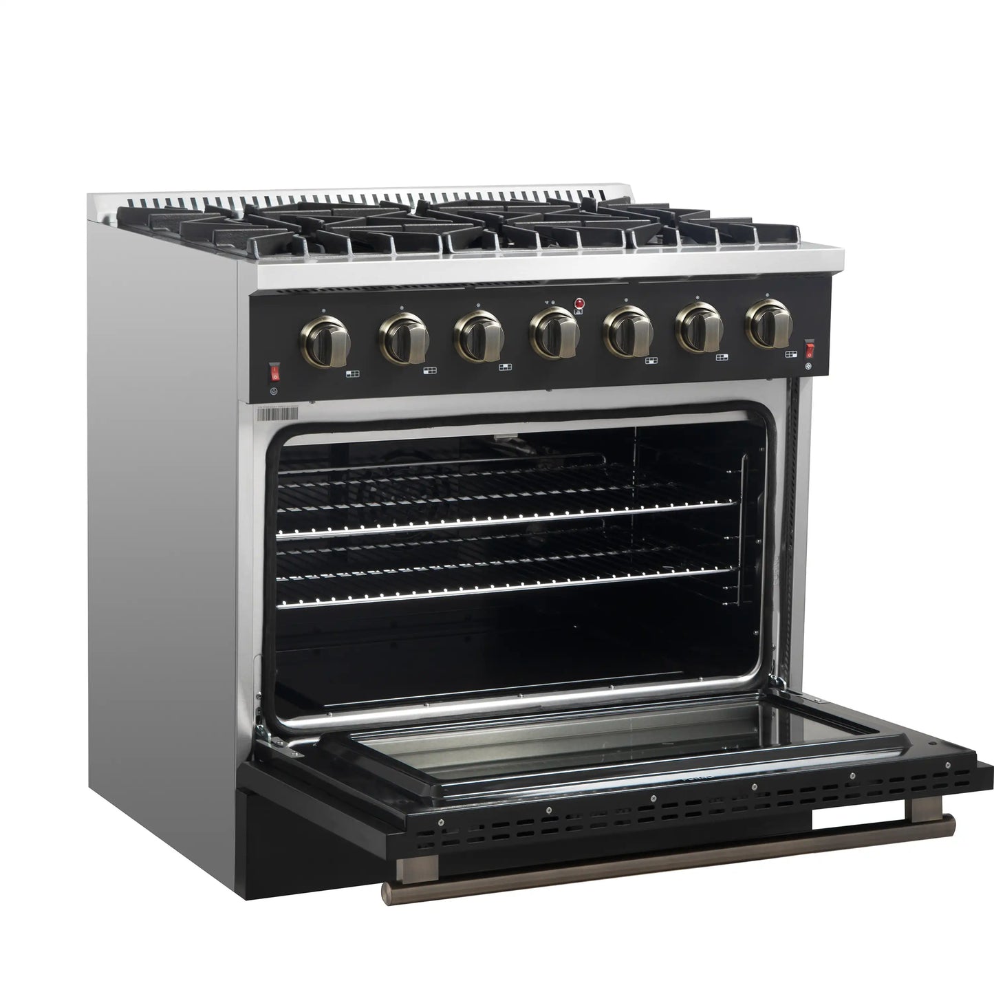 Forno 4-Piece Appliance Package - 36-Inch Gas Range, 60-Inch Convertible Refrigerator with Modern Trim, Dishwasher, and 30-Inch Microwave Oven in Black with Antique Brass Handle - AP4-6244-36BLK-MWO30-60MG