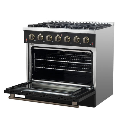 Forno 4-Piece Appliance Package - 36-Inch Gas Range, Wall Mount Range Hood, 36-Inch French Door Refrigerator, and Dishwasher in Black with Antique Brass Handle - AP4-6244-36BLK-5095
