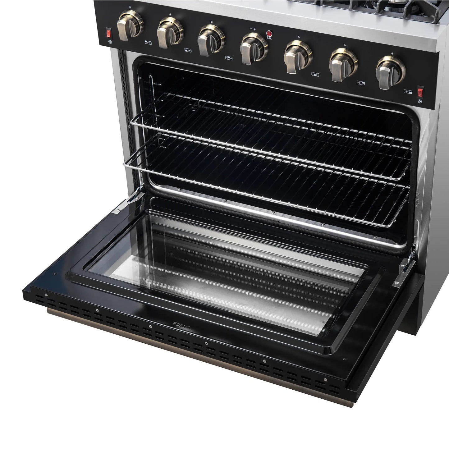 Forno 5-Piece Appliance Package - 36-Inch Gas Range, Wall Mount Range Hood, 60-Inch Convertible Refrigerator with Modern Trim, Dishwasher, and 24-Inch Microwave Oven in Black with Antique Brass Handle - AP5-6244-36BLK-MWO24-60MG