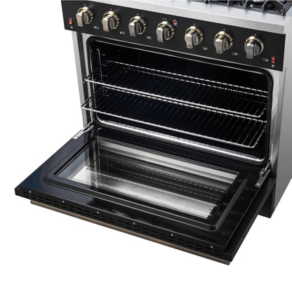 Forno 5-Piece Appliance Package - 36-Inch Gas Range, Wall Mount Range Hood, 36-Inch Refrigerator, Dishwasher, and 30-Inch Microwave Drawer in Black with Antique Brass Handle - AP5-6244-36BLK-5095-MD30